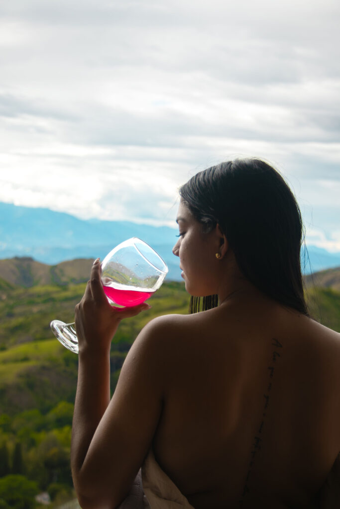 Copa de vino con vista a la montaña en Los Nevados Ecolodge
